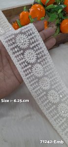 Custom made in 2 inch width <b>white</b> coloured floral embroidered <b>laces</b> on net fabric with straight sequins border design for resale - Product Image 4