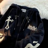 Sudadera con Capucha Bordada Estilo Gótico para Hombre, Estilo Urbano Harajuku Retro Hip Hop, Sudadera con Capucha Holgada Informal con Cierre, Ropa Y2K