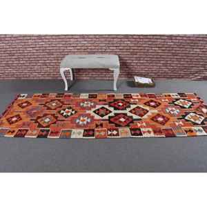 Turkish Rug, <b>Runner</b> 3.2x9.4 ft Vintage Rug, <b>Red</b> Black Solid Wool Rug - Product Image 3