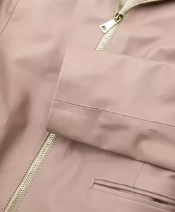 Womens Real <b>Pink</b> Leather <b>Jacket</b> Collarless Round Neck Zip Front Sheepskin Biker Coat Custom Blush Nude Formal Outerwear - Product Image 6