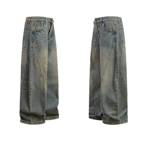 Pantalons OEM vintage américains de haute qualité en coton, pantalon en denim à moustaches délavées avec logo personnalisé, pantalon en denim à jambes larges - Product Image 2