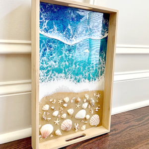 Plateau en bois d'acacia avec poignées en bambou, motif paysage marin, pour décoration intérieure et vaisselle, cadeau pour la fête des mères, bois de teck - Product Image 3