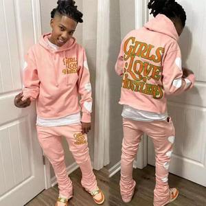 Vêtements de rue à impression bouffante avec logo personnalisé Ensemble 2 pièces survêtements à capuche pantalon de survêtement évasé Survêtements de jogging Survêtement pour hommes - Product Image 5