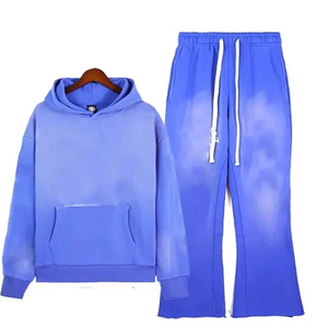 Men's Acid Wash Sun Faded Tracksuit Oversized <b>Hoodie</b> Flared Sweatpants Raw Hem Vintage Streetwear Custom Tracksuit 100% Cotton - Product Image 2