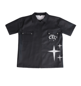 Logotipo personalizado Moderno de manga corta caída del hombro doble bolsillos en el pecho con cremallera camisa de cuero de imitación Personalizado hip hop hombres camisas de Vaqueros - Product Image 1