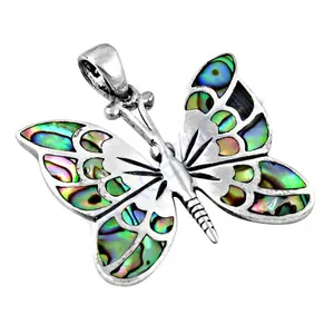 Colgante de Mariposa de Plata de Ley con Incrustaciones de Concha de Abulón, Engaste en Bisel, Estilo Vintage, Hipoalergénico, Amuleto Unisex para Uso Diario - Product Image 1