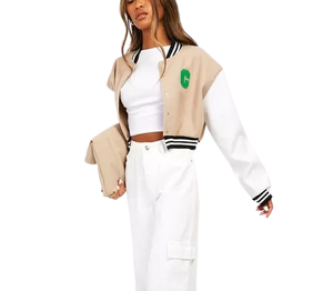 Vente en gros de veste universitaire en coton de haute qualité pour femmes logo personnalisé letterman crop top véritable col tournant en lin brut de grande taille - Product Image 1