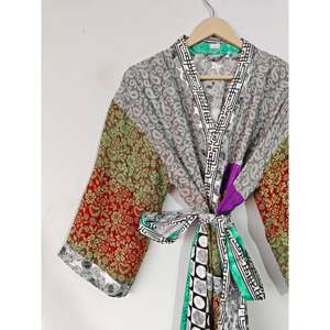 ชุดกิโมโนผ้าไหมรีไซเคิลทำมือสำหรับผู้หญิงเสื้อคลุมยาวพิมพ์ลายดอกไม้สำหรับงานแต่งงานที่บ้านหรือ brisaids ฤดูใบไม้ร่วงฤดูร้อน - Product Image 5