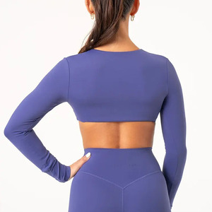 Tops cortos de manga larga con nudo índigo para mujer de alta demanda, camisetas cortas elásticas Súper suaves y transpirables para entrenamiento Fitness para mujer - Product Image 2