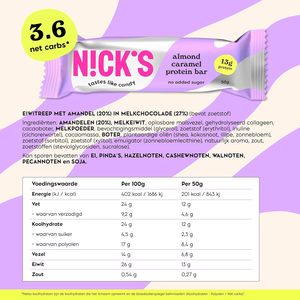 NICKS Low Carb <b>Protein</b> Bar Almond Caramel Chocolate, 13g <b>Protein</b>, 201 Calories, Keto <b>Protein</b> Bar Snacks (12 <b>Protein</b> Bars x 50g) - Product Image 2