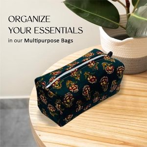 Estuche grande de algodón puro verde oscuro Floral con bloque de mano, bolsas multiusos para maquillaje cosmético, artículos esenciales de viaje - Product Image 2
