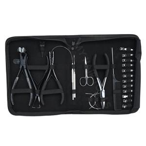 Kit d'application d'extensions capillaires : Outil de pressage à poignée en silicone pour extensions adhésives, Pince à sertir les anneaux, Extracteur de perles, Pince à sertir plate, Crochet à boucle de fil, Aiguilles courbées - Product Image 1