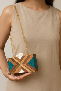 Pochette de soirée de luxe durable en bois et résine écologique avec bouton tendance, design géométrique incrusté, chaîne bandoulière, logo personnalisé - Product Image 5