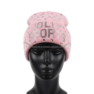 Gorro de Punto Acrílico para Mujer, Color Rosa Suave, con Pedrería y Logotipo Personalizado, Gorro de Moda con Diseño Jacquard - Product Image 6