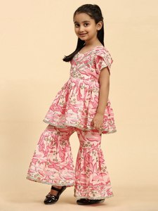 I bambini di alta qualità indossano ricami in Georgette cuciti in cotone etnico stampato per bambine Kurti pantaloni Set moda del sud asiatico - Product Image 5