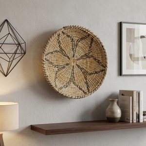 Panier mural suspendu Mendong naturel, plateau rond peu profond, assiette géométrique tribale, bol à fruits, décoration artistique pure pour la maison, artisanat - Product Image 5