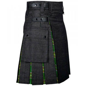 Kilt utilitaire hybride bicolore en denim noir pour homme, style irlandais, avec lanières en cuir et plis écossais - Product Image 3