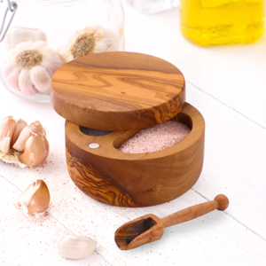 Olive <b>Wood</b> Divided Salt & Pepper Cellar with Magnetic Lid, 2-Compartment Pinch Box, Wholesale - Product Image 4