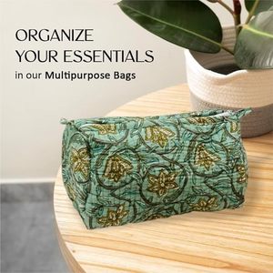 Set 3 Multipurpose Vintage Style Water Resistant Zipper Closure Pouches Hand-Block Floral Pure Cotton Cosmetic <b>Bag</b> Cases Mint - Product Image 2
