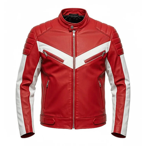 Chaqueta de motorista de cuero auténtico rojo y blanco para hombre, estilo Retro de carreras, ropa de calle ajustada, chaqueta de moto Cafe Racer - Product Image 3