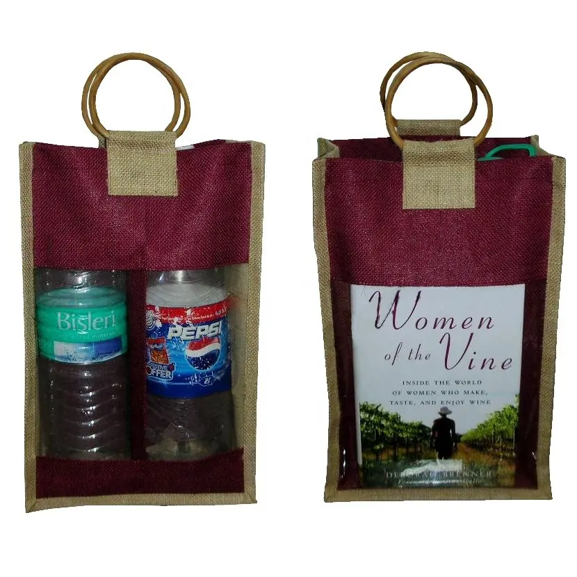 Özel Logo baskılı Tote hediye keseleri kullanımlık bira şarap şişeleri çuval bezi jüt çanta pencere PVC su geçirmez iki şişe ile şarap çantası