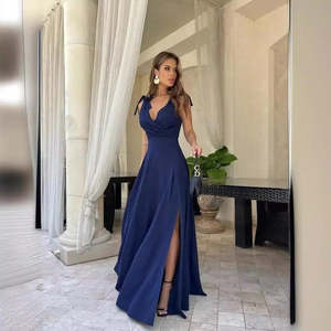 Women's Strappy Shoulder-Tie <b>Wrap</b> Neckline Long Slit Shimmering Crepe Dress, 35009 - <b>Navy</b> blue - Product Image 1