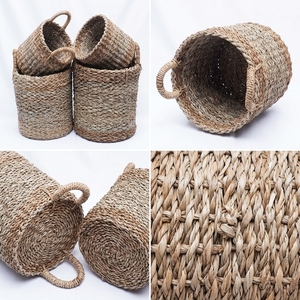 Ensemble de paniers de rangement en écorce de bananier naturelle, tressage diagonal épais, poignée en arche, pot cylindrique, décoration artistique pure pour la maison - Product Image 3