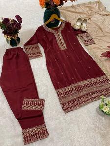 Vêtements traditionnels indiens Designer Party Wear Pure Chinon Thread & Sequence Embroidery Top Bottom With Heavy Work Dupatta Suit - Product Image 5