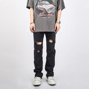 กางเกงยีนส์ขาตรงปักลายสำหรับผู้ชายผ้าฝ้ายระบายอากาศได้ดีผ้าเดนิมเย็บปะติดแบบลำลองสำหรับฤดูร้อน - Product Image 4