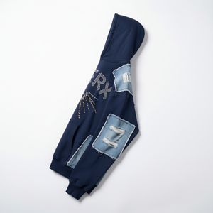 Sweat à capuche pour homme en denim bleu marine patchwork uni, coton lourd 300 g/m², broderie 3D, strass, streetwear délavé - Product Image 3