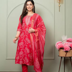 Elegante Kurta Recta de Rayón para Mujer, Conjunto de Kurta con Estampado Floral y Dupatta para Bodas y Uso Casual - Product Image 1