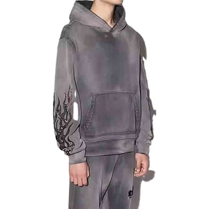 Heavyweight Vintage Style Men's Winter Hoodie Acid Wash <b>Black</b> Cotton <b>Fleece</b> Breathable Pullover Embroidered Solid Pattern Print - Product Image 2