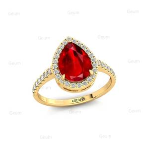 Pera corte rubí piedra preciosa Julio piedra natal ODM clásico pavimentado diamantes blancos Halo solitario anillos 18K oro blanco sólido regalo para ella - Product Image 2