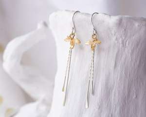 Pendientes de gota de metal mixtos florales, pendientes de plata esterlina, pendientes de oro, pendientes de gota delicados, pendientes de plata y oro, - Product Image 3