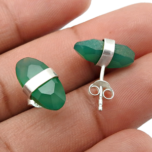 อัญมณีโอนิกซ์สีเขียวธรรมชาติ925เงินสเตอร์ลิงต่างหูรูปวงรีสำหรับเครื่องประดับทำด้วยมือของเธอผู้ส่งออกอินเดีย - Product Image 5