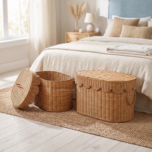 Scalloped Rattan Storage <b>Baskets</b>, Oval StackableHandle Rustic Multi Purpose Organizers For Storage Containers, Laundry <b>Basket</b> - Product Image 3