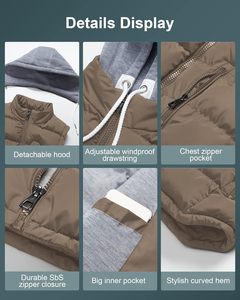 Unisex 100% poliéster cálido chaleco desmontable capucha soporte cuello grueso acolchado Puffer sin mangas prendas de vestir exteriores tela de lona para invierno - Product Image 5