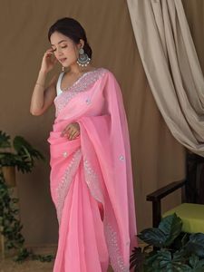 Pure <b>Organza</b> <b>Silk</b> Saree with Handwork and Machine Work Ladies Cutwork Border and Multi-Thread Sequence for Weddings Parties - Product Image 3