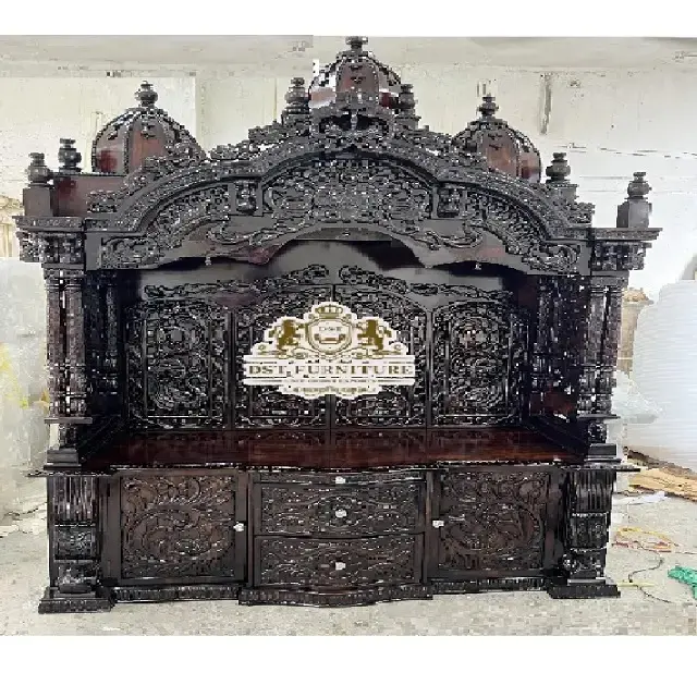 Grand foncé poli Pooja Mandir avec armoire Divine double ton polonais teck bois Temple Design exotique sculpté à la main temple indien