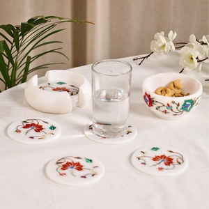 Ensemble de sous-verres artisanaux écologiques en marbre blanc oriental avec support et motif floral Pietra Dura - Product Image 3