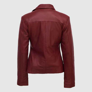 การออกแบบล่าสุดหนังแท้นุ่มสไตล์นักขี่จักรยานแจ็คเก็ตผู้หญิงปกหยักด้านหน้าโค้งซิปเข็มขัดปรับได้ที่เอว - Product Image 3