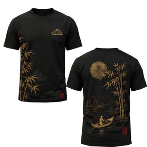 Unisex Black Short Sleeve T <b>Shirt</b> <b>Gold</b> Bamboo Boat Print Crew Neck Graphic Tee Casual Streetwear - Product Image 1