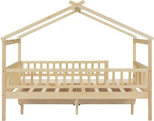 Cama de madera maciza creativa de tamaño completo para la imaginación de los niños, incluye dos cajones de almacenamiento con acabado natural - Product Image 3