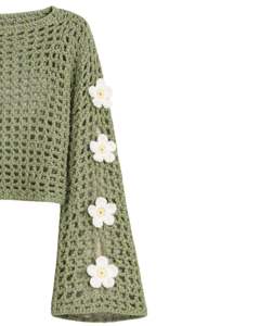 Customized Green Crochet Knit Crop Sweater Women Floral Applique Flare Sleeve Open Weave Lightweight Fashion Top Spring Summer - Product Image 3
