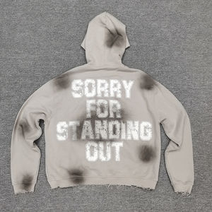 เสื้อฮู้ดดี้ทรงบ็อกซี่แบบซิปสำหรับผู้ชาย คุณภาพสูง ลวดลายพ่นสีแบบแอซิดวอช แต่งรอยขาด ปักตัวอักษร พิมพ์ลายสกรีน - Product Image 4