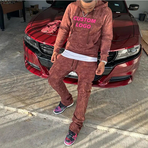 Custom Logo Acid Washed Sweat Suits Custom 100% Cotton Terry Oversized Tracksuit Men Flare Stacked Sweatpants and Hoodie Set - Product Image 4