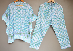 Block <b>Indian</b> Cotton Pajamas, Womens Soft Cotton Caftan With <b>Trousers</b>, Unique Floral Printed Tunics, Bridesmaid Robe Dress - Product Image 3
