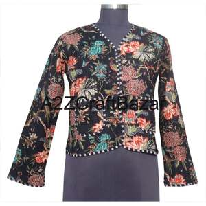 Veste matelassée respirante en coton biologique 100% réversible faite à la main pour femmes, imprimé floral en blocs, automne, printemps, hiver, vêtements ethniques - Product Image 1