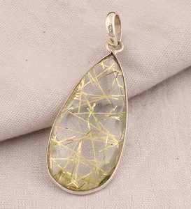 Pendentif en quartz rutile doré en argent sterling fait à la main en forme de poire collier de pierres précieuses naturelles pour femmes - Product Image 1