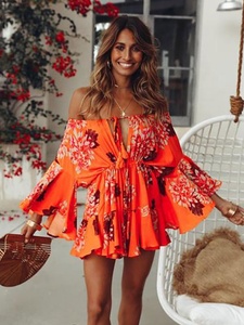 off the Shoulder Floral Print Chiffon Plus Size Women <b>Summer</b> Bohemian Loose Mini Casual <b>Dress</b> with Slash Neck - Product Image 5